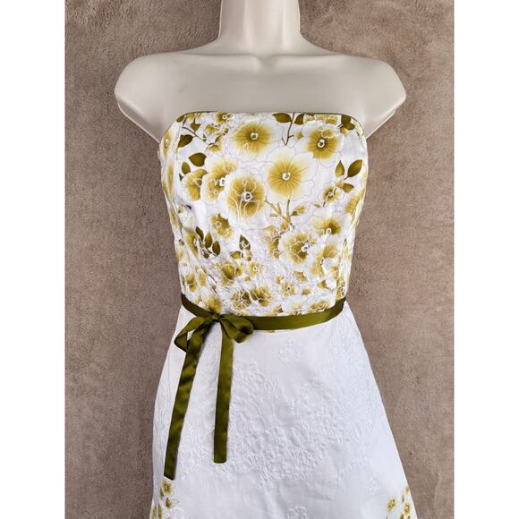 Moda International Dress Women 4 White Green Floral Empire Strapless Midi Spring - Picture 5 of 16